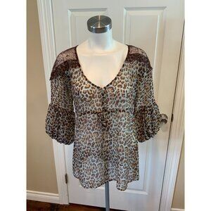 BCBG Max Azria Blue Sheer Leopard Print Top w/ Brown Lace, Size XS
